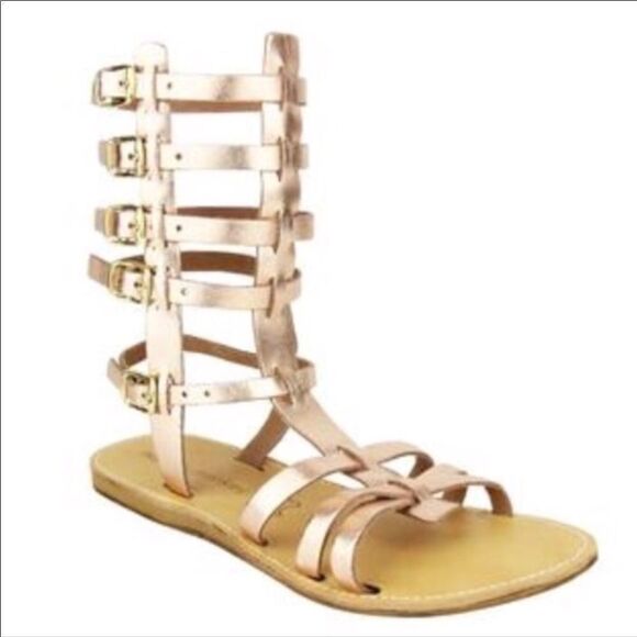 Leather Gold Multi Strap Open Toe Buckle Tall Gladiator Sandals NEW - Picture 2 of 4